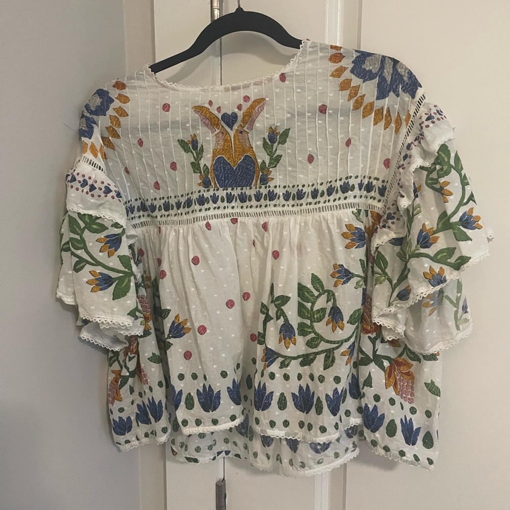 FARM Rio White Puff Sleeve Ruffled Blouse